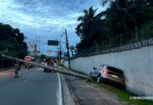 Avenida das Torres é bloqueada após carro derrubar poste e motorista fugir